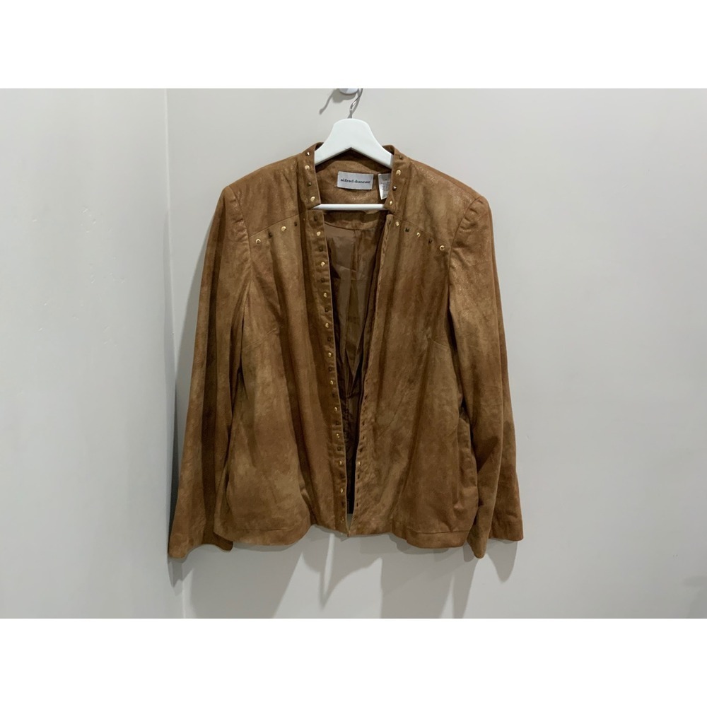 Alfred Dunner Studded Faux Suede Collarless Jacket Women 10 Brown